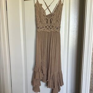 Free People Tan Asymmetrical Ruffled High Low Dress